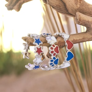 Patriotic Ring Set, Red White Blue Star Heart Paw Print Stackable Americana Jewelry Gift