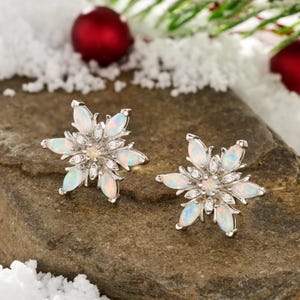 White Opal Snowflake Studs, Winter Jewelry, Snow Jewelry, Christmas and Holiday Earrings, Nature-Inspired Earrings, Unique Gift for Her