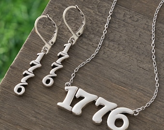 1776 Jewelry Set, Silver Patriotic Necklace and Earrings, Americana Heritage Gift, USA 250