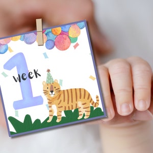 Cartes de souvenir de jalon de bébé bleu (sur le thème de la fête colorée aquarelle pastel animal mignon) - fichier numérique téléchargeable et imprimable