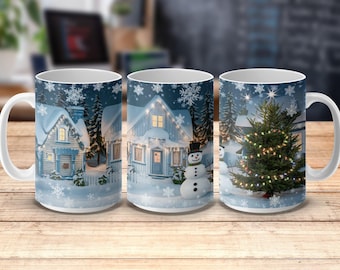 Christmas Mug Wrap: Winter Village Snow Scene (Digital Download)