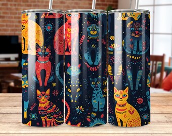Boho Cats Tumbler Wrap, 20 oz Straight & Tapered Sublimation Design (PNG Digital Download)
