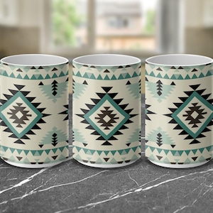 Boho tribal coffee mug, Aztec geometric print mug, Unique 11oz or 15oz ceramic coffee cup gift, Southwestern inspired tea mug
