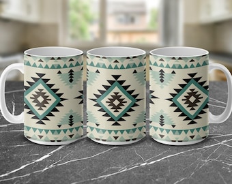 Boho tribal coffee mug, Aztec geometric print mug, Unique 11oz or 15oz ceramic coffee cup gift, Southwestern inspired tea mug