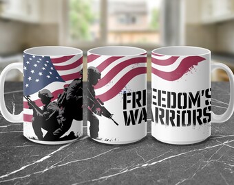 American Flag Freedom's Warriors Mug Wrap, Digital Download Coffee Mug Design for 11 oz and 15 oz Mugs, Patriotic Gift