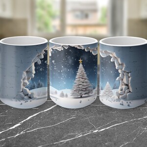 christmas tree 3d Hole In A Wall Mug Wrap 11oz & 15oz Mug Template, 3D Mug Sublimation Design Mug Wrap Template PNG Instant Digital Download