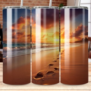 Footprints Beach Tumbler Sublimation Design: 20 oz Skinny Wrap (Digital Download)