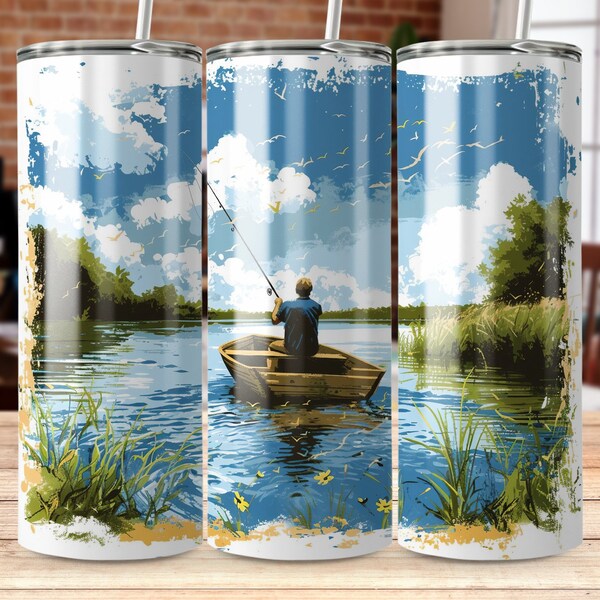 Fishing Boat Lake Scene Tumbler Wrap, Tranquil Water and Sky Illustration, Perfect for Outdoor Enthusiasts