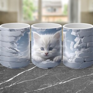 white kitten 3d Hole In A Wall Mug Wrap 11oz & 15oz Mug Template, 3D Mug Sublimation Design Mug Wrap Template PNG Instant Digital Download
