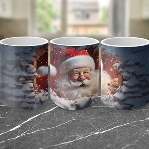 santa claus 3d Hole In A Wall Mug Wrap 11oz & 15oz Mug Template, 3D Mug Sublimation Design Mug Wrap Template PNG Instant Digital Download