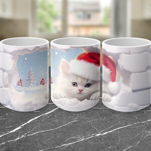 white kitten 3d Hole In A Wall Mug Wrap 11oz & 15oz Mug Template, 3D Mug Sublimation Design Mug Wrap Template PNG Instant Digital Download