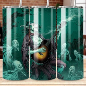 Gothic Fantasy Guitarist Ghosts Digital 20 oz Tumbler Wrap, Straight and Tapered Designs, Spooky Halloween Drinkware Art