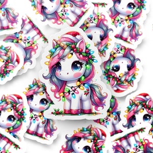 Kawaii unicorn Sticker, Unicorn Sticker, Floral Christmas Vinyl Decal, Cute christmas Stickers, Unicorn Lover Gift, Girls Room Wall Decor