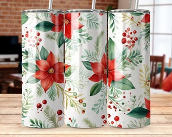 Christmas Poinsettia Tumbler Sublimation Design, 20oz Skinny Wrap (PNG Digital Download)