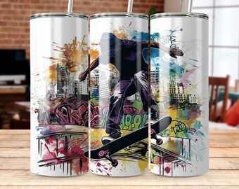 Urban Skateboarder Tumbler Wrap, Colorful Graffiti Art, Street Style Skating, Unique Drinkware Design