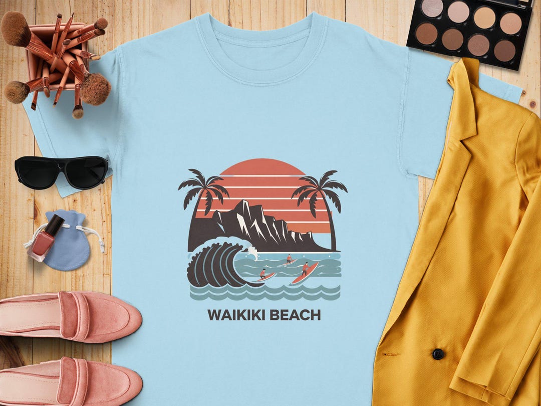 Retro Surfing T-shirt, Waikiki Beach Surf Scene, Vintage Hawaiian