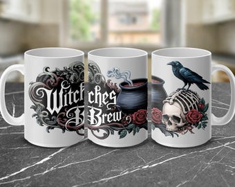 Witch's Brew Halloween Mug Wrap, Skull Raven Coffee Mug Design, Digital Download, 15 oz and 11 oz Sizes, Spooky Halloween Decor