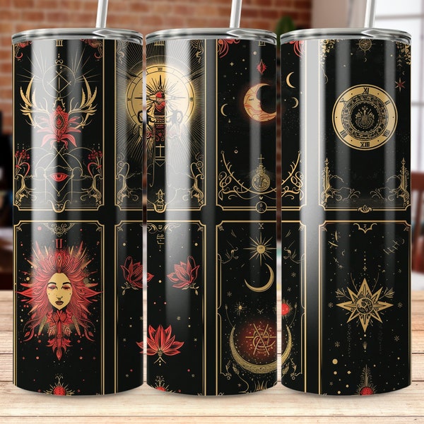 Mystical Tarot Card Tumbler Wrap, Zodiac Astrology Cup Design, Celestial Sun Moon Stars, Unique Gift Idea
