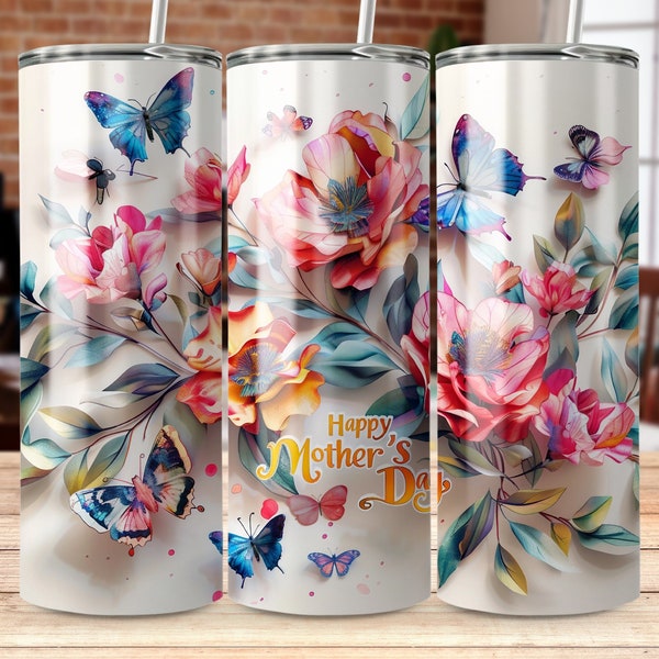 Mother's Day Floral Tumbler Wrap, Colorful Butterflies and Flowers, Gift for Mom, Insulated Drinkware, Spring Bloom Design