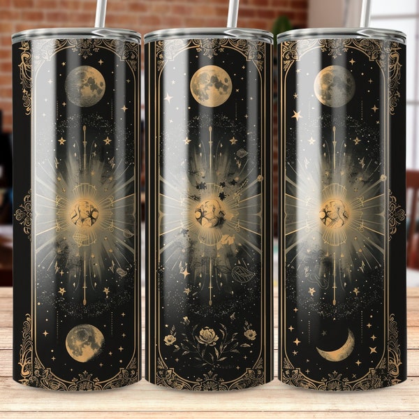 Celestial Moon Phases Tumbler Wrap, Mystical Stars and Moons, Gothic Floral Decor, Boho Chic Drinkware Accessory, Unique Gift Idea