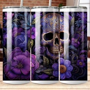 Purple Flowers and Skull 20 oz Skinny Tumbler Sublimation Design, Straight & Tapered Wrap, Tumbler Wrap, Tumbler Png, Instant Download