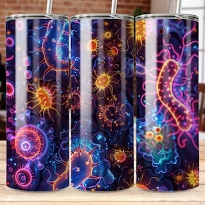 Peut inclure: Trois gobelets en acier inoxydable avec un motif abstrait coloré de bactéries et de virus brillants de couleur néon. Le motif est sur un fond sombre.