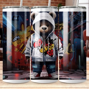 Graffiti Teddy Bear in Streetwear 20 oz Skinny Tumbler Sublimation Design, Straight & Tapered Wrap, Tumbler Wrap, Png, Instant Download