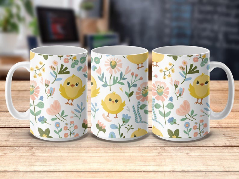 Cute Bird Floral Coffee Mug Wrap, Mug Wrap Designs for 15oz and 11oz, Printable Digital Mug Wrap, Bird and Flowers Mug Wrap Art image 2