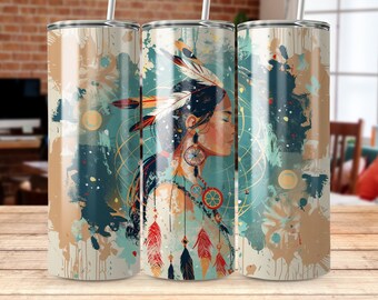 Bohemian Native American Woman Tumbler Wrap, Colorful Tribal Art Design, Unique Drinkware Decor