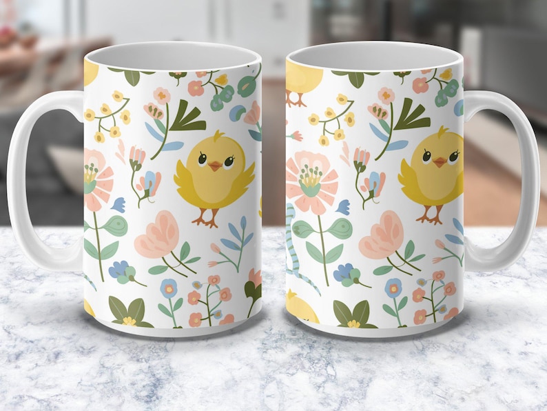 Cute Bird Floral Coffee Mug Wrap, Mug Wrap Designs for 15oz and 11oz, Printable Digital Mug Wrap, Bird and Flowers Mug Wrap Art image 3