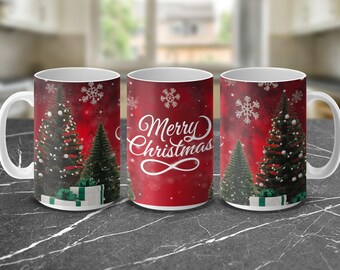 Merry Christmas Digital Coffee Mug Wraps, 11 oz and 15 oz, Festive Holiday Mug Design, Christmas Gift, Snowflakes and Trees, Red Background