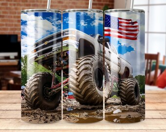 Monster Truck Tumbler Wrap: American Flag, Muddy Off-Road Design (Digital Download)