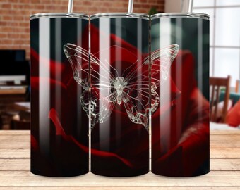 Butterfly Tumbler Wrap, Digital Tumbler Wrap, Butterfly Digital Art, Red Rose Tumbler Design, Transparent Butterfly Wrap