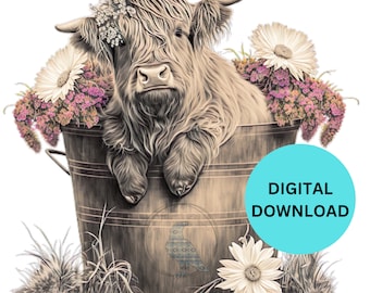 Highland Calf Cow in a Vintage Bucket with Flowers Digital Download Sublimation PNG