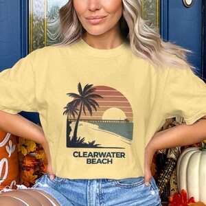 Clearwater Beach Sunset Tee, Beach Vacation T-Shirt, Cool Summer Apparel, Palm Tree Beach Scene, Vintage Sunset Graphic Shirt