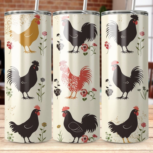 Rustic Farmhouse Chicken Tumbler Wrap, Country Style Rooster and Hen Design, Colorful Vinyl Cup Decal