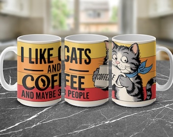 Envoltura para taza de café con diseño de gato, diseño de taza digital para amantes de los gatos, envoltura para taza de café con diseño de gato estilo retro