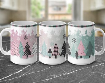 Winter Wonderland Coffee Mug Wrap Digital File, 11 oz and 15 oz Mug Wrap Design, Pastel Christmas Trees, Snowflakes, Plaid Accents