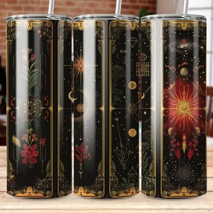 Envoltura de vaso de cartas de tarot místico, cuerpos celestes y diseños botánicos, regalo para amantes de la astrología, accesorio único para bebidas