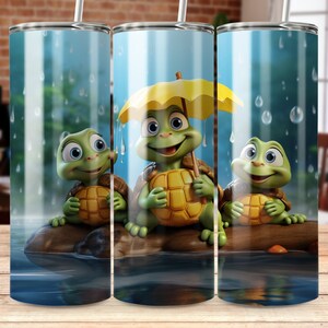 May include: Three cartoon turtles holding umbrellas, standing on a log in a blue water scene. The turtles are green with brown shells and are holding yellow umbrellas. The background is a blue sky with rain drops.