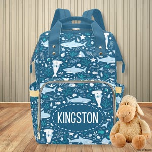 Shark Ocean Themed Diaper Bag Backpack | Personalized Baby Shower Gift for Mom