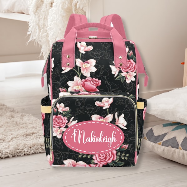 Black Floral Diaper Bag Backpack | Personalize It