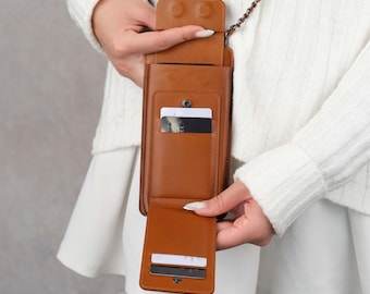 Personalisierte kleine Umhängetasche aus Leder für Handy-Geldbörse und Portemonnaie 3 in 1 – Handyträger mit Riemen – Handy-Umhängetasche