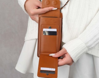 Customized Tan Crossbody Phone Bag - Leather Crossbody Mobile Phone Pouch, Phone Wallet, Gift for Her, Crossbody Case for iPhone