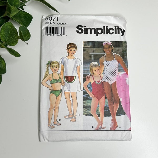 Simplicity 9071 Uncut Sewing Pattern Girls' and Childs' Swimsuits and Cover-Up Size: NN 8, 10,12,14