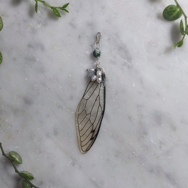 Cicada Wing Tree Agate & Pearls Sterling Silver Pendant