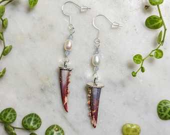 Crab Claw, Pearl, and Aquamarine Dangling Sterling Silver Earrings