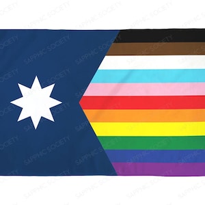 May include: A blue flag with a white eight-pointed star in the upper left corner. The right side of the flag is divided into horizontal stripes of brown, white, light blue, pink, red, orange, yellow, green, blue, and purple.