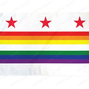 May include: A white flag with three red stars and a rainbow stripe pattern. The rainbow stripes are red, orange, yellow, green, blue, and purple.