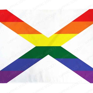 Peut inclure: Un drapeau blanc avec un X de couleur arc-en-ciel au centre. Le X est composé de six bandes : rouge, orange, jaune, vert, bleu et violet.